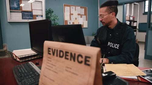 Police officer working with evidence in the station