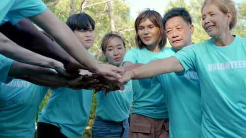 Group of volunteers stand to put your hands up and raise your hands together for help to save nature