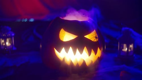 Smoky Jack-O'-Lantern with Glowing Eyes at Night
