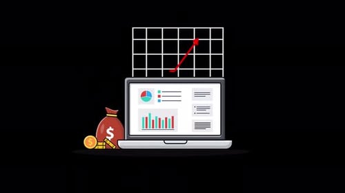 Flat Design Laptop with Business Growth Charts Animation