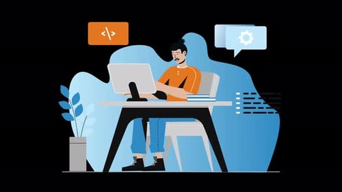 Person, die an einem Schreibtisch mit Pflanzen und Dekorationen codiert