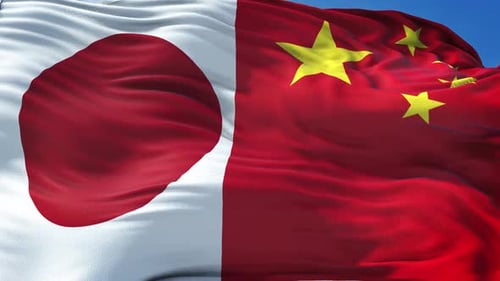 Waving Flags of Japan and China Divided in Half