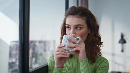 Closeup Brunette Holding Coffee Mug Looking Office Window Relaxed Lady Drinking