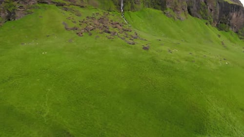 Aerial view over Large waterfall in Iceland