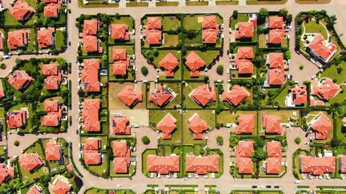 New development real estate. Aerial view of residential houses and driveways neighborhood during sun