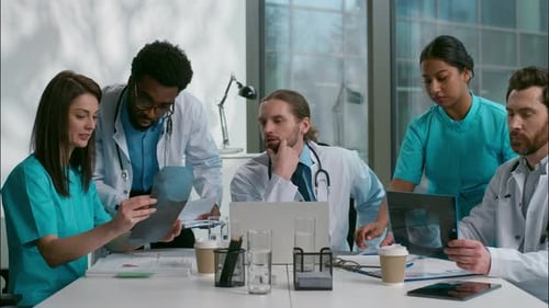 Group Multiethnic Doctors Thinking Discussion Meeting Diverse Women Men Doc Specialists Medical