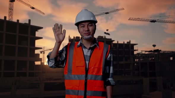 Asian Male Engineer Smiling To Camera And Waving Hand Saying Bye At ...