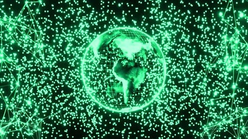 Lighting plexus and particles with rotating shining Earth on black background