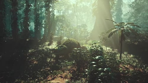 Crocodile se reposant dans une jungle luxuriante et vibrante à la lumière du petit matin