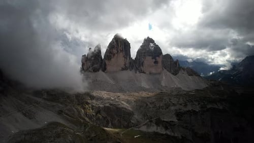 Aerial video of The Tre Cime di Lavaredo, the beautiful views in the Dolomites, Italy