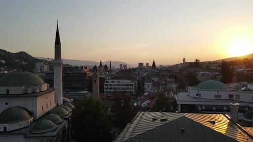 Top view of old city center of Sarajevo, sunset