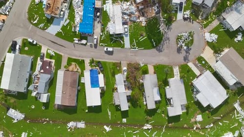 Severely Damaged Houses After Hurricane Ian in Florida Mobile Home Residential Area