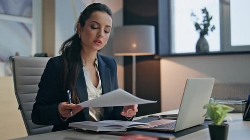 Woman Manager Typing Laptop at Office Closeup Lady Examining Documents Writing