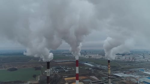 Thermal Power Energy Station View From Height to Pipes in Fog Steam and Smoke From Pipes
