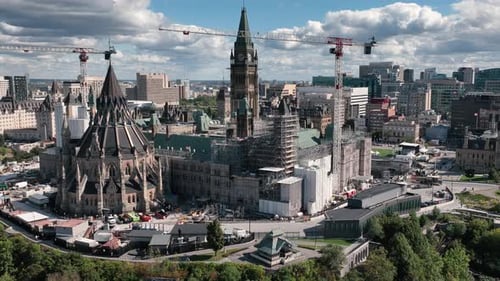 Parliament hill descending aerial sunny daytime