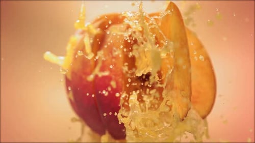 Super Slow Motion of Explosion Peach and Burst Juice and Slices