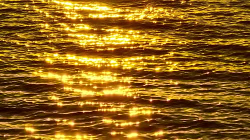 The sea shimmers with golden reflections under the sun.