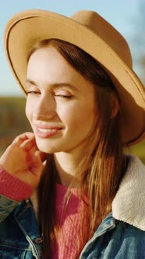 Portrait Attractive Young Happy Woman with Hat Look at Camera Smiling in Autumn Forest Near Lake