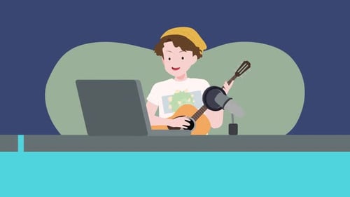 Flat Design Illustration of Person Playing Guitar with Laptop and Microphone