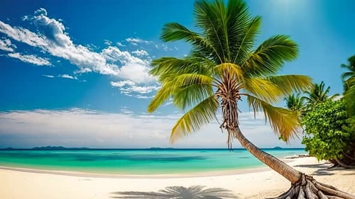 Strandszene im tropischen Paradies. Üppige Palmen beschatten einen unberührten Sandstrand