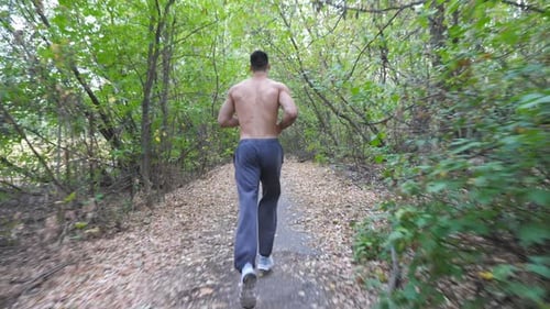 Unrecognizable Muscular Sportsman Running Along Trail at Early Autumn Forest