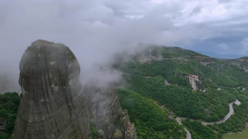 Drone flight above the Meteora Valley in Greece