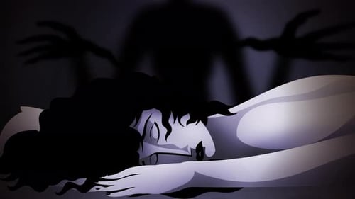 dark entity lurking over a sleeping woman in her bedroom