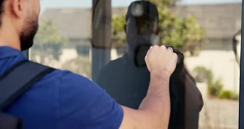 Delivery, home and hands knock on door for shipping, courier service and online shopping