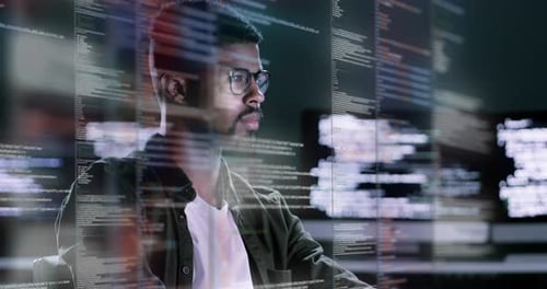 Man, programming and coding at night on computer dashboard for software