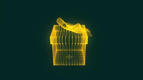 Caixa de presente dourada 3D giratória com efeito de plexo, linhas geométricas e formas triangulares com pontos.