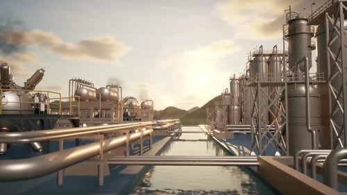 Animated 3D Industrial Chemical Plant Fly-Through at Sunset