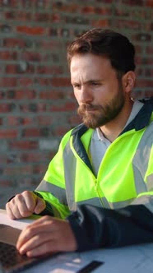 Construcción, computadora portátil y lectura con un hombre en el sitio de construcción para la planificación o el desarrollo inmobiliario