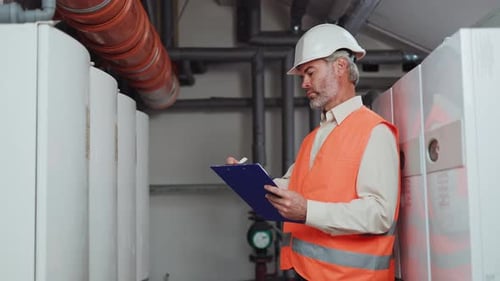 Bearded Engineer Making Report on Clipboard About Power Engines Indoor