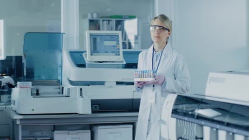 Woman Scientist Holding Test Tubes in a Laboratory