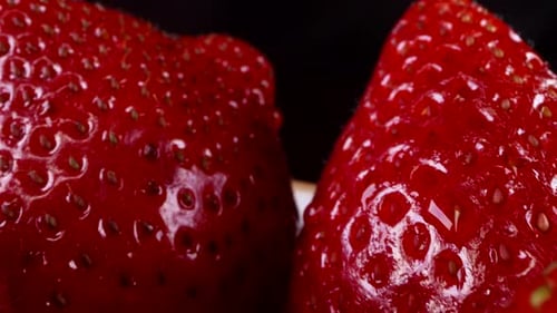 Delicious Ripe Strawberries Macro View Camera Moving Slowly Above Berries Closeup View