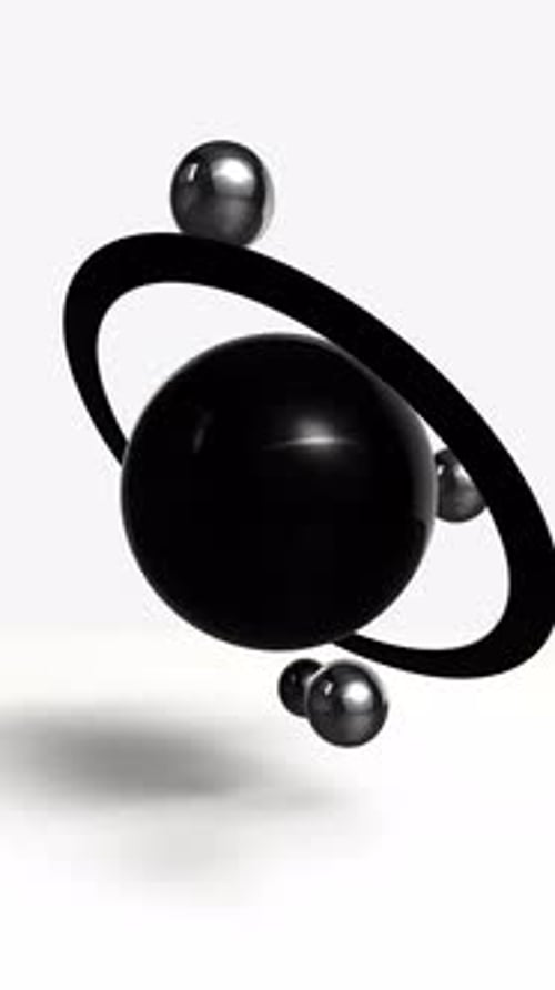 Minimalist 3D Black Planet with Orbiting Chrome Spheres Animation