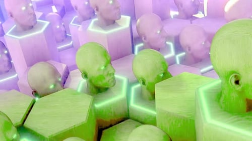 Alien heads on glowing blocks