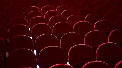 Empty red theater seats. Theatre after pandemic of covid-19 corona virus