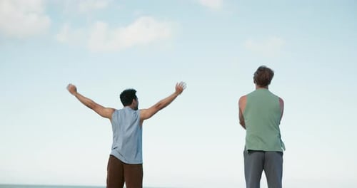 Back, beach and men with training, stretching and wellness with challenge