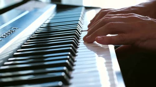 Hands Play Piano Keys Up Close