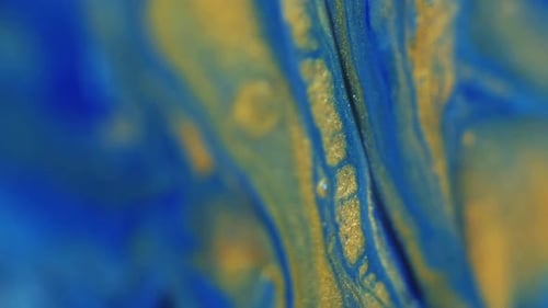 Ink Spill Sparkling Fluid Blue Golden Wave Art