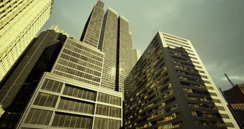 Modern Skyscrapers Rise Above Urban Landscape During Dusk Hours in City
