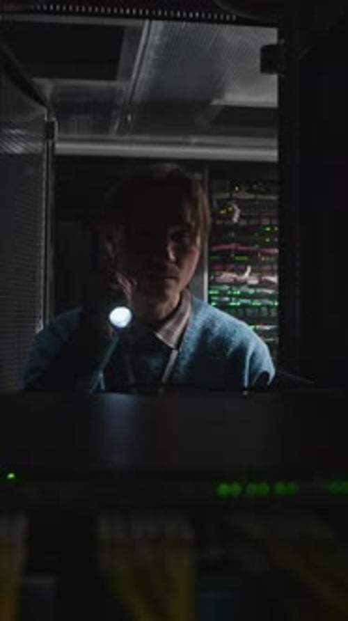Man Inspecting Servers in Dark Data Center
