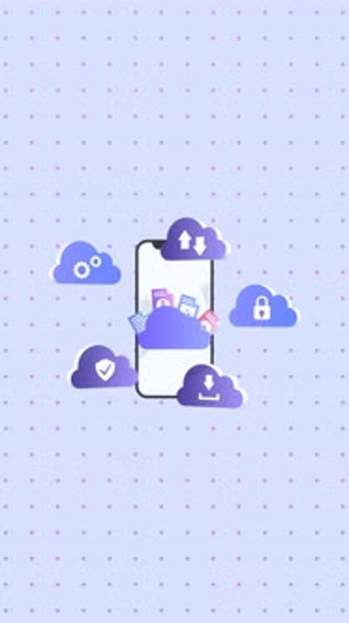 Animated Mobile Phone with Cloud Computing Icons in Vertical Video Format.