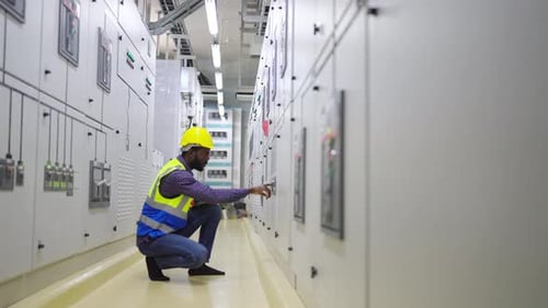 Африканский инженер с разрешением 4K работает над цифровым планшетом в заводской диспетчерской.