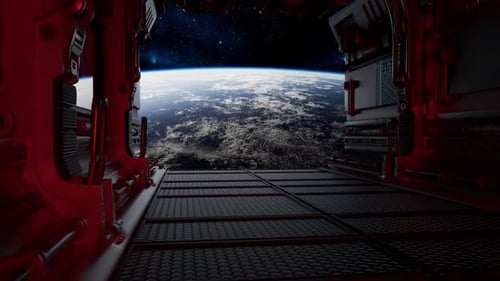 Science-Fiction-Raumschiff-Korridor: Ein Shuttle in einem sich bewegenden Raumschiff, das dem internationalen Weltraum nachempfunden ist