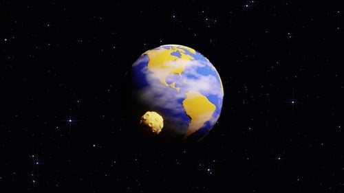 Planet earth with a rotating moon in space. Cartoon 3d earth.