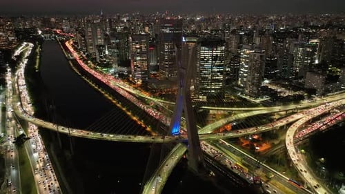 Cable Bridge At Night City In Sao Paulo Brazil.