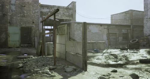 Abandoned Urban Area with Deteriorating Buildings and Scattered Debris