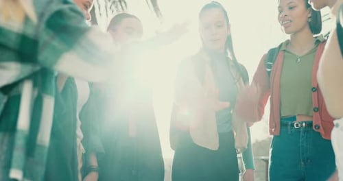 Hands stacked, happy and children at school for motivation, success and support in the morning